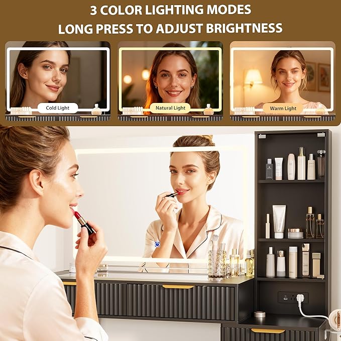 Makeup Vanity Desk with Mirror and Lights, 48" Fluted Makeup Table with Glass Top, Vanity Desk with 5 Drawers, Open Shelf & Power Outlet, Modern Dressing Table for Bedroom Living Room