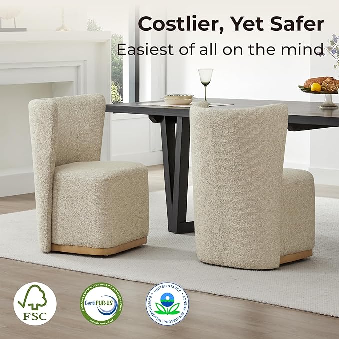 CHITA Upholstered Rolling Dining Chair on Casters Set of 4, FSC Certified Modern Curve Back Dining Chair with Casters, Boucle Dining Chairs for Reading Room Waiting Room Kitchen Dining Room, Oatmeal