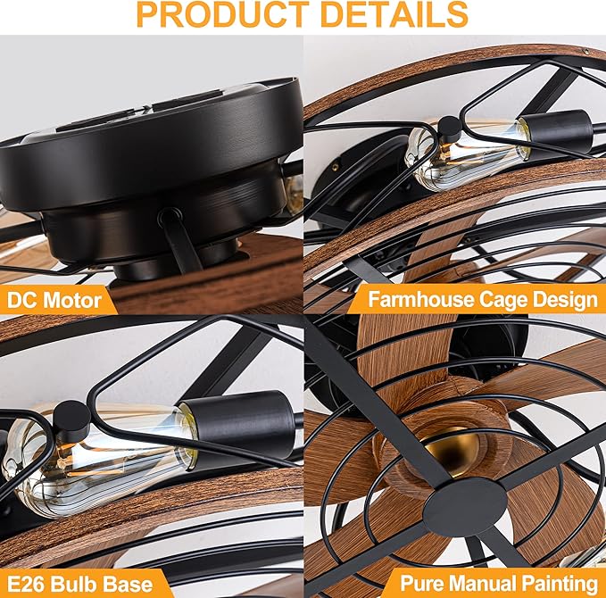 TIFEROR 24 Inch Low Profile Ceiling Fan with Light, Remote Control and 3-Speed Adjustment – Enjoy a Cool Breeze and Customize Your Comfort, Matte Black (5 E26 Bulb Include)