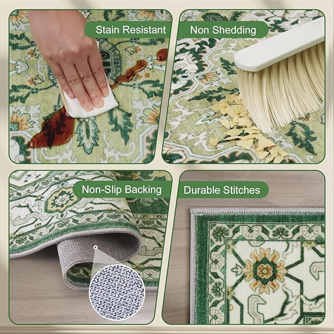 Area Rugs 5x7 - Machine Washable Vintage Oriental Soft Rug, Low Pile Thin Floor Carpet with Non Slip Backing for Living Room, Bedroom,Dorm, Kitchen, Indoor House, Office Rolling Chair