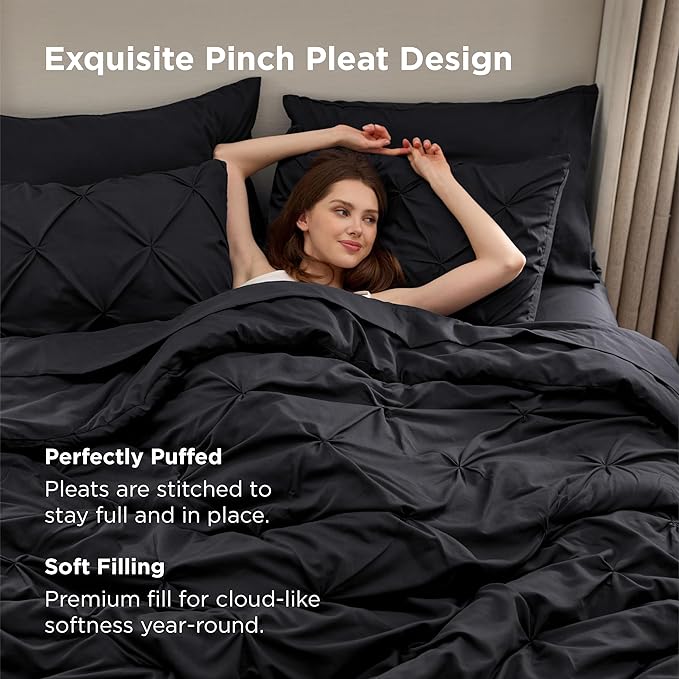 Bedsure Oversized King Comforter Set Black - Bed in a Bag Bedding Set 7 Pieces, GentleSoft™ Pintuck Bed Set Gift for Family, Pinch Pleat Black Comforter with Sheets, Pillowcases & Shams