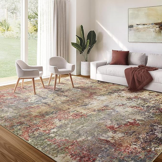 Washable Area Rug for Living Room: 9x12 Modern Abstract Neutral Soft Rug for Bedroom Dining Room No Slip Low Pile Carpet for Nursery Home Office - Red/Ivory