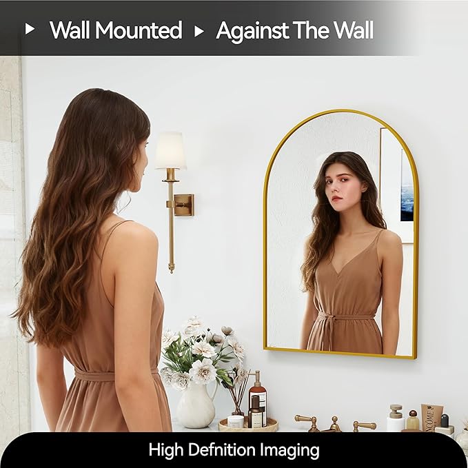 30x20 Arch Mirror Rectangle Wall Mounted Hanging or Against Wall Metal Aluminum Alloy Frame Mirrors for Entryway Bedroom Bathroom Living Room 30 20 inch Gold