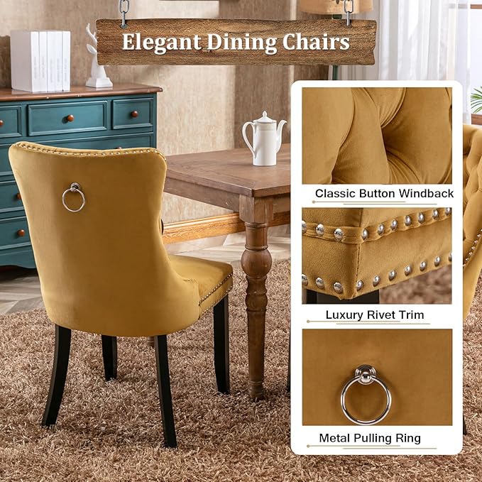 Goujxcy 78.7" Farmhouse Extendable Dining Room Table Set for 8, 9-Piece Rectangle Kitchen Dining Room Table Set with Wood Base and 8 Yellow Velvet Dining Chairs, Extending Kitchen & Dining Table Set