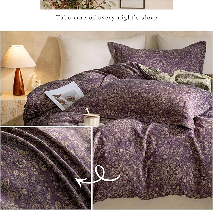 Purple Green Floral Duvet Cover Twin XL Premium Yarn-Dyed Linen Cotton Comforter Cover Boho Jacquard Design Bedding Set Botanical Floral Vintage Duvet Cover Reversible Green Flower Bedding Set Twin XL