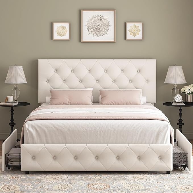 Keyluv Modern Upholstered Bed Frame with 4 Storage Drawers, Button Tufted Headboard Design, Solid Wooden Slat Support, Easy Assembly, Fabric, Beige, Queen Size