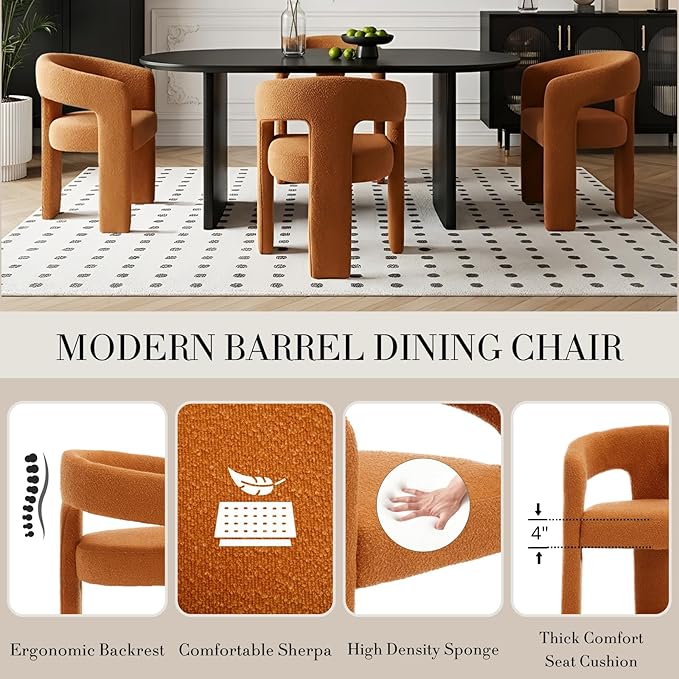 Modern Sherpa Barrel Dining Chair Upholstered Faux Fur Dining Room Chair with Arm Comfy Accent Side Chair for Kitchen/Living Room/Reception, Terra Cotta, 1 PC
