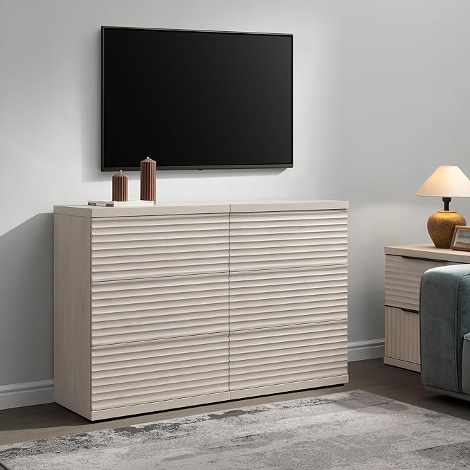 SICOTAS Sideboard Buffet Cabinet with Storage, Modern Fluted Accent Credenza with 3 Larger Drawers, Mid Century Media Console Table Coffee Bar Cabinet for Dining Room Hallway Kitchen, White Alder