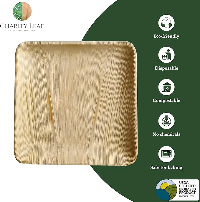 Charity Leaf Disposable Palm Leaf 11" Square Plates (100 pieces) Bamboo Like Serving Platters, Disposable Boards, Eco-Friendly Dinnerware For Weddings, Catering, Events