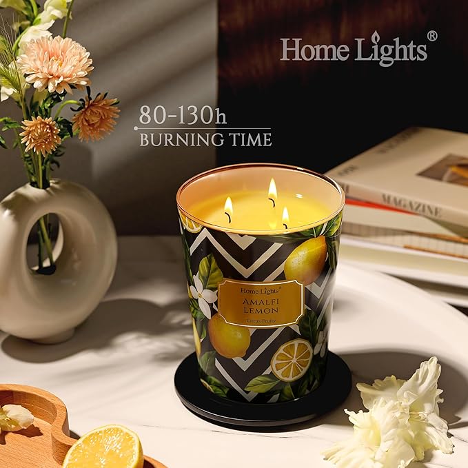 HomeLights Large jar Candle | 3-Wick Long-Lasting Scented Candles, 34oz Natural Soy Wax Candle for Home Scented, Eclectic Mixed Styles Gifts for Women & Men, Amalfi Lemon