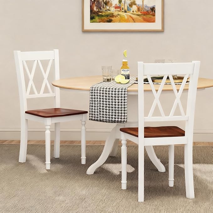 POWERSTONE Wooden Dining Chairs Set of 4, Farmhouse Kitchen Chair with High Backrest, 360 lbs Armless Dinette Seat for Kitchen, Dining Room, Living Room, White and Walnut