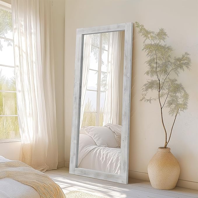Rustic Standing Full Length Mirror Wood Frame, 56"X21" Farmhouse Floor Mirror for Bedroom Living Room Entryway, Hanging or Leaning Wall-Mounted Full Body Mirror, Tempered Glass, White