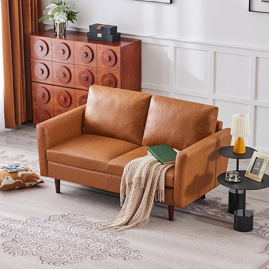 Kingfun Faux Leather 2 Seat Couch for Living Room, Mid Century Modern Sofa with Rolled Arms and Deep Seats, Fluffy Comfort for Apartment, Easy to Assemble, Mid Brown