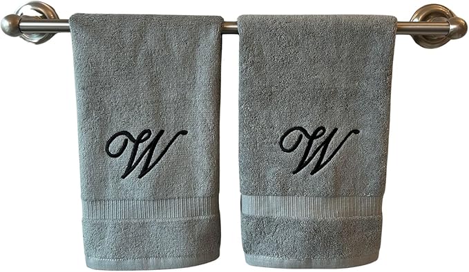 Gray Monogrammed Hand Towels for Bathroom - Luxury Hotel Quality Personalized Initial Embroidered Towel for Powder Room, Spa - GOTS Organic Certified - Set of 2 Black Letter W