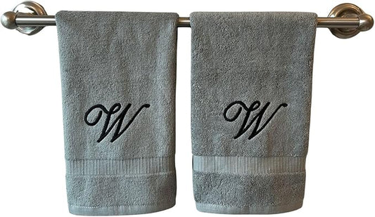 Gray Monogrammed Hand Towels for Bathroom - Luxury Hotel Quality Personalized Initial Embroidered Towel for Powder Room, Spa - GOTS Organic Certified - Set of 2 Black Letter W