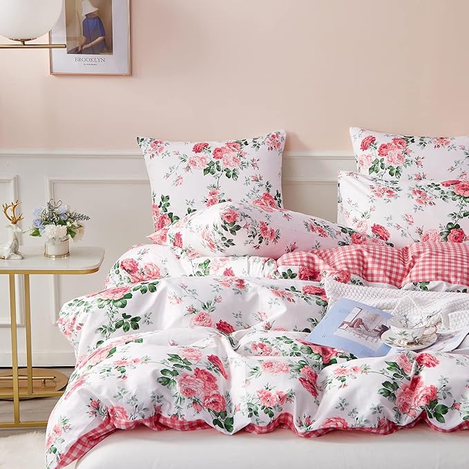 Rose Flower Duvet Cover Full Size Pink Floral Plaid Grid Duvet Cover 100% Microfiber Girls Flower Comforter Cover with Zipper Closure Vintage Country Bedding Botanical Floral Comforter Cover Full
