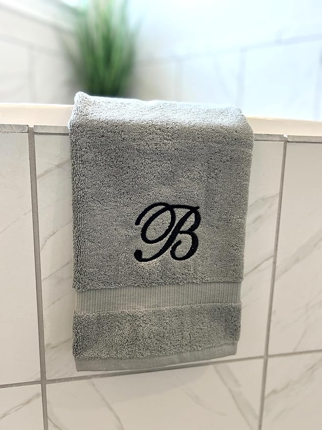 Gray Monogrammed Hand Towels for Bathroom - Luxury Hotel Quality Personalized Initial Embroidered Towel for Powder Room, Spa - GOTS Organic Certified - Set of 2 Black Letter D