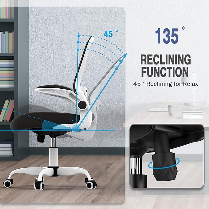 Mimoglad Ergonomic Office Chair - BIFMA Certified, Flip-up Armrests & 135° Recline, Adjustable Lumbar Support - Space-Saving Task Chair for Business/Team Office & Home (White Frame-Black, 300lbs)