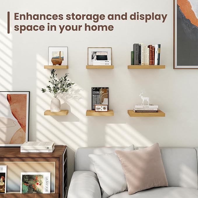 Fun Memories Square Floating Shelves for Wall - 9.3 Inch Deep Floating Shelves with Invisible Brackets, Oak Small Wall Shelf for Living Room, Bathroom, Bedroom, and Kitchen Decor，Set of 4