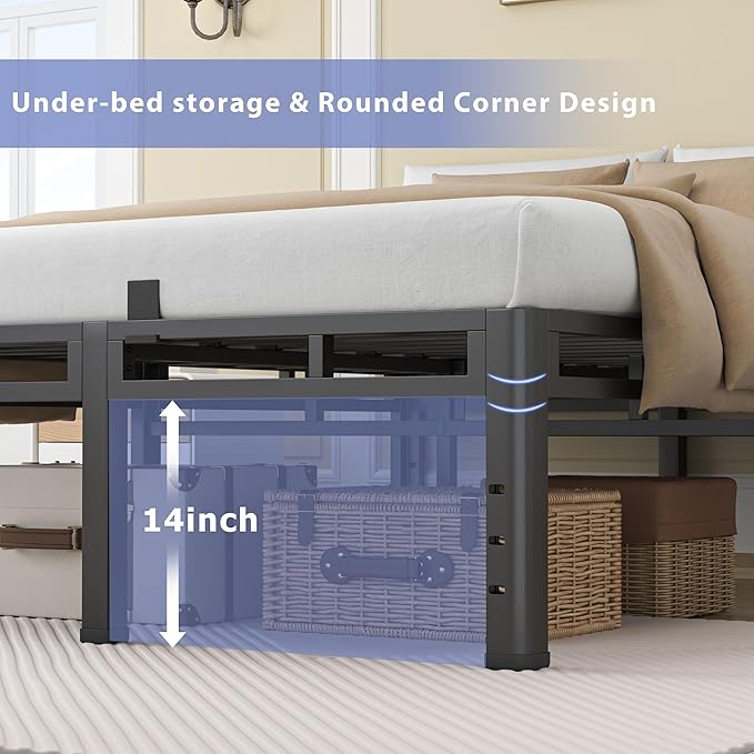 NKZ 18 Inch King Size Bed Frame, Metal Bed Frame & Box Spring 2 in 1 Platform with Round Corner Legs, 4000Lbs Heavy Duty Metal Frame, Mattress Slide Stopper, Headboard Hole, Noise-Free, Easy Assembly