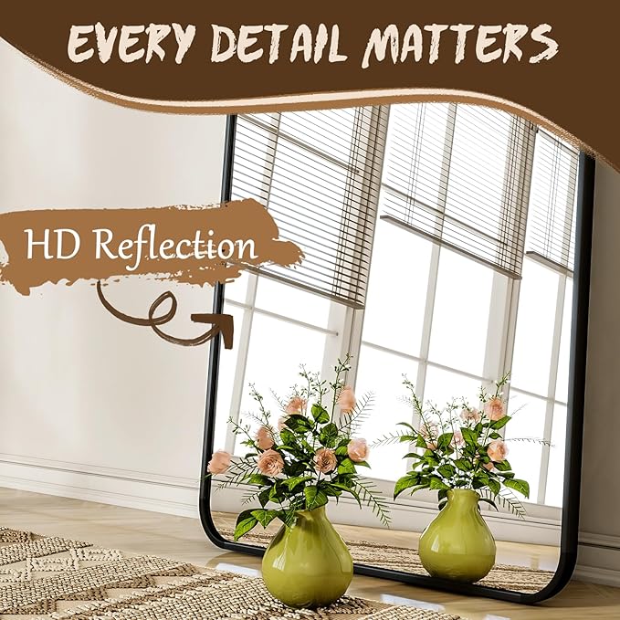 76"x34" Floor Full Length Mirror Standing Full Body Rounded Corner Rectangle Mirrors with Stand Hanging Wall Mounted Leaning Bedroom Living Room Bedroom Cloakroom,Black