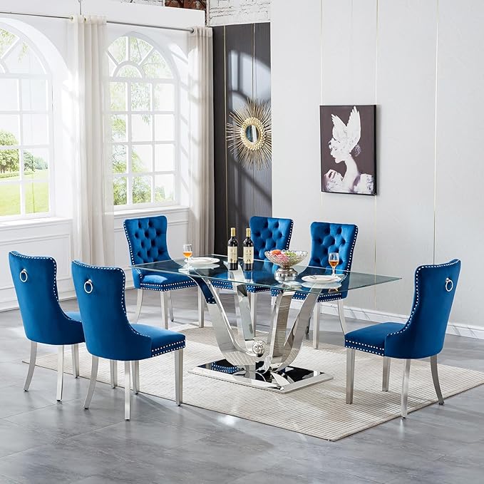 70" Modern Silver Glass Dining Table Set for 6, 7-Piece Rectangle Kitchen Dining Room Table Set with Steel Base & 6 Blue Velvet Upholstered Chairs, Modern Glass Kitchen Table and Chairs Set of 6