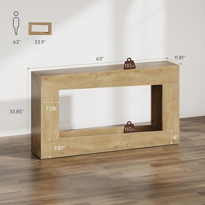 63-Inch Long Console Table, Wood Entryway Table with Storage Shelf, Farmhouse Narrow Sofa Table Behind The Couch for Living Room, Entryway, Hallway (Natural)