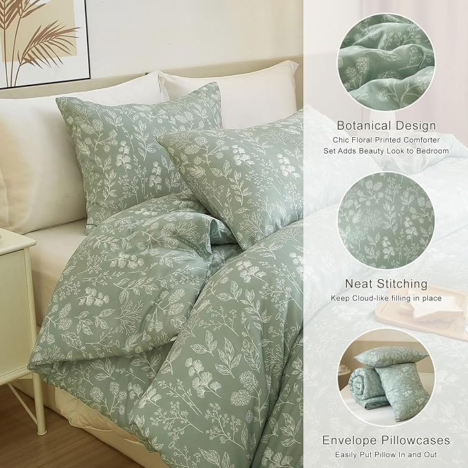EAVD King Size Comforter Set Sage Green Floral Comforter Set Soft Microfiber Chic Cute Garden Floral Bedding Set with 2 Pillowcases Fresh Reversible Botanical Bedding Set for All-Season