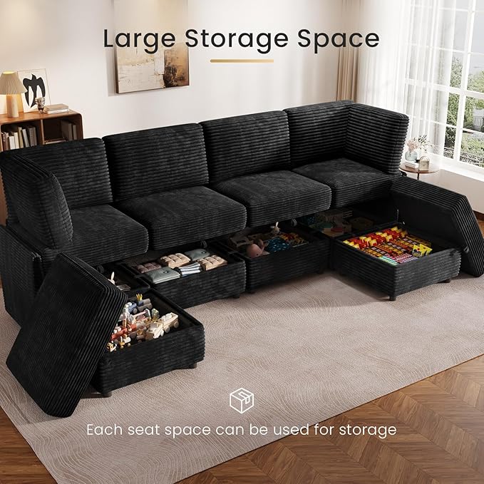 KKL Modular Sectional Sofa U-Shaped 6 Seater Couch with Storage Ottoman, Convertible L-Shaped Plush Wide-Wale Corduroy Couch for Living Room, Apartment, Modern Design, Black