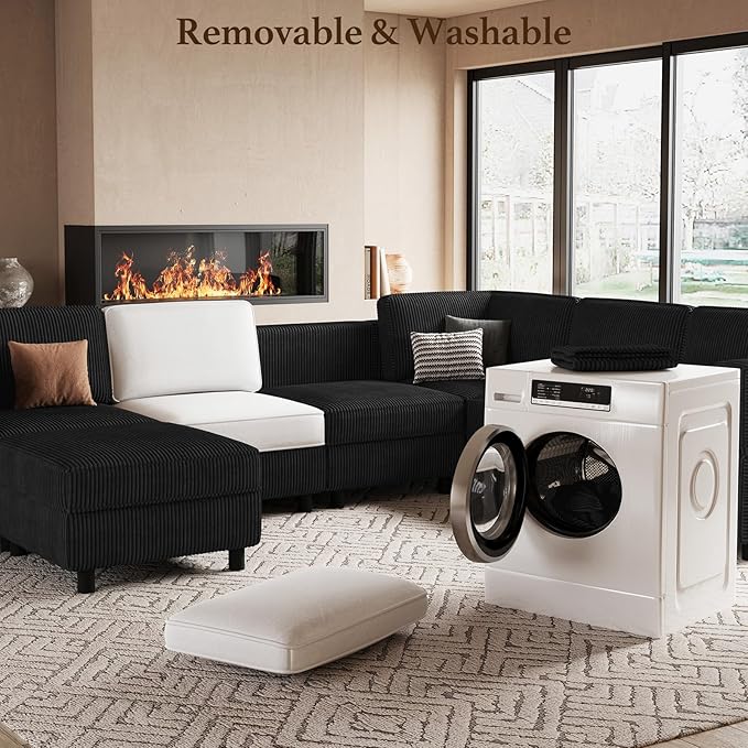 114.2" Modular Sectional Sofa with Deep Storage Seat,Corduroy 7 Seat U Shaped Sofa Couch,Modular Sofa Couch with Movable Ottoman Chaise,Upholstered Sectional Couches for Living Room,Black