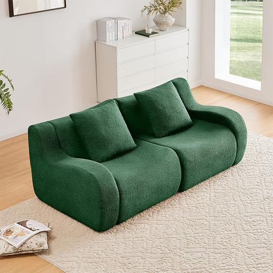 Green Cloud Couch Loveseat, Modern Teddy Fabric Boneless Sectional Sofa in a Box for Living Room, Modular Floor Couch, No Assembly Required, Sofas para Sala
