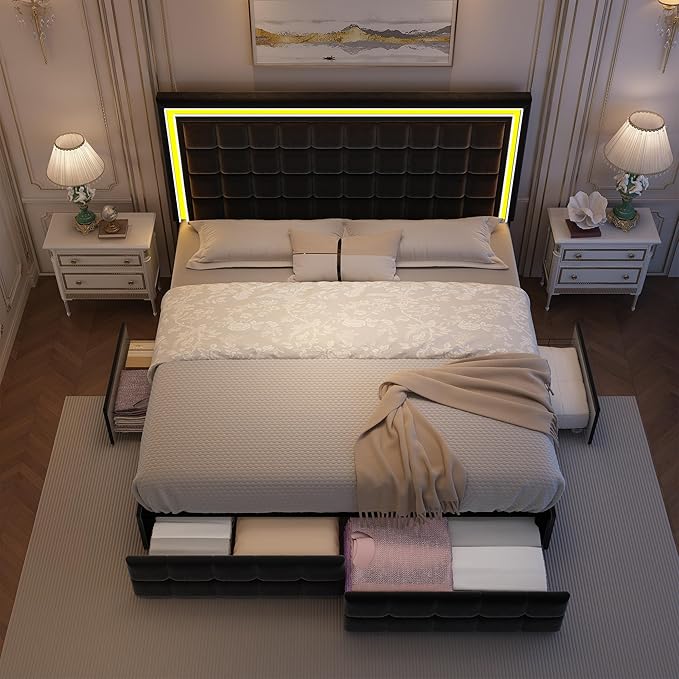 Queen Bed Frame with LED Lights & Storage Drawers, No Box Spring Needed, Heavy Duty 900lbs Weight Capacity, Easy Assembly, Modern Upholstered Platform Bed, Velvet Black