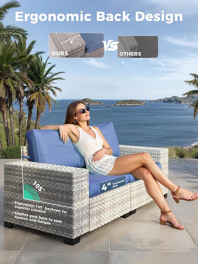 7 Piece Outdoor Wicker Rattan Sectional Sofa Set with Fire Pit Table, 5-Seats Conversation Set with 4" Thickened Cushions & Coffee Table, All-Weather PE Rattan for Garden, Backyard, Porch, Bule