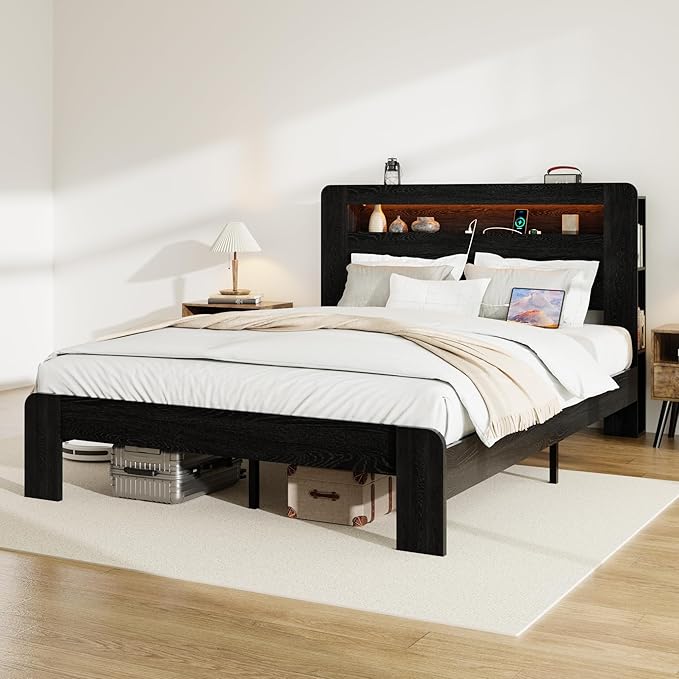 Wood King Size Bed Frame with Headboard, Farmhouse Platform Bed Frame with Bookcase Shelf,LED Lights,Charging Station,Heavy Duty Supports,No Box Spring Needed,Dark Black