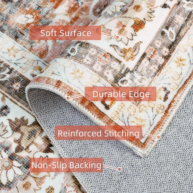 Deerly 6x9 Vintage Rugs for Dining Room, Washable Rugs Non Slip Large Area Rug for Living Room Bedroom Office, Floor Decoration Big Rug Mat Low-Pile Kid & Pet Friendly(Brick Red)