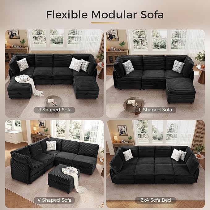 KKL Modular Sectional Sofa V-Shaped 6 Seater Couch with Storage Ottoman, Convertible L/J-Shaped Couch and Sofa Bed Plush Wide-Wale Corduroy for Living Room, Apartment, Modern Design, Black
