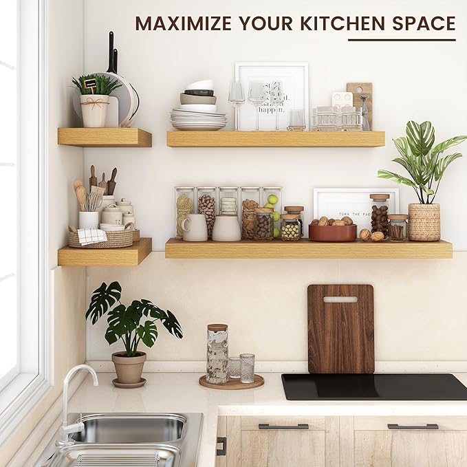 Floating Shelves for Wall, 36 Inch Wide x 12 Inch Deep Floating Shelves, Long Wood Floating Wall Shelf Shelves for Living Room Bathroom Bedroom Kitchen Home - (Oak, 36" W x 12" D x 2" H)
