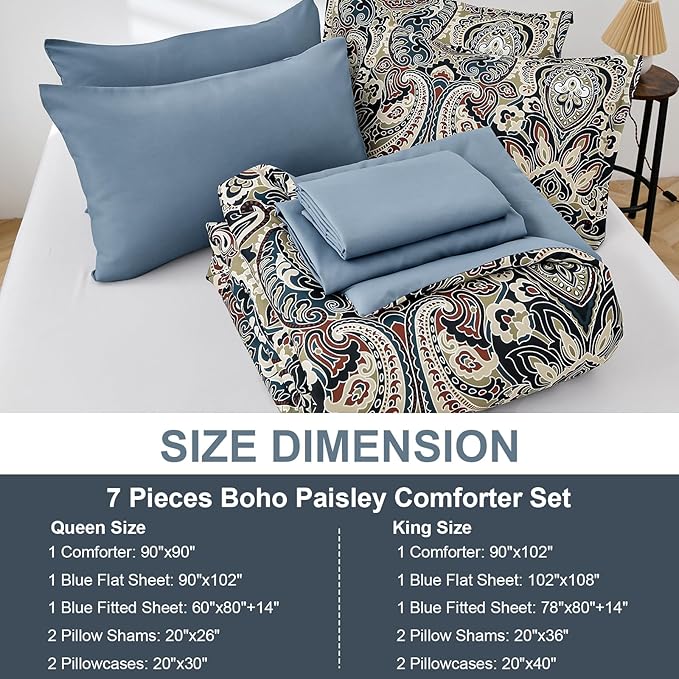 Drucon Boho Comforter Set King, 7 Pieces Bed in a Bag Paisley Comforter Bedding Set Soft Microfiber King Size (1 Blue Comforter, 1 Flat Sheet, 1 Fitted Sheet, 2 Pillow Shams, 2 Pillowcases)