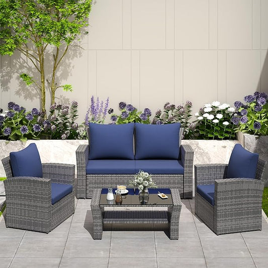 Solaste 4 Piece Outdoor Patio Furniture Set, Outdoor Sectional Sofa with Tempered Glass Coffee Table and Cushions, Wicker Rattan Patio Set for Backyard, Front Porch, Balcony, Navy