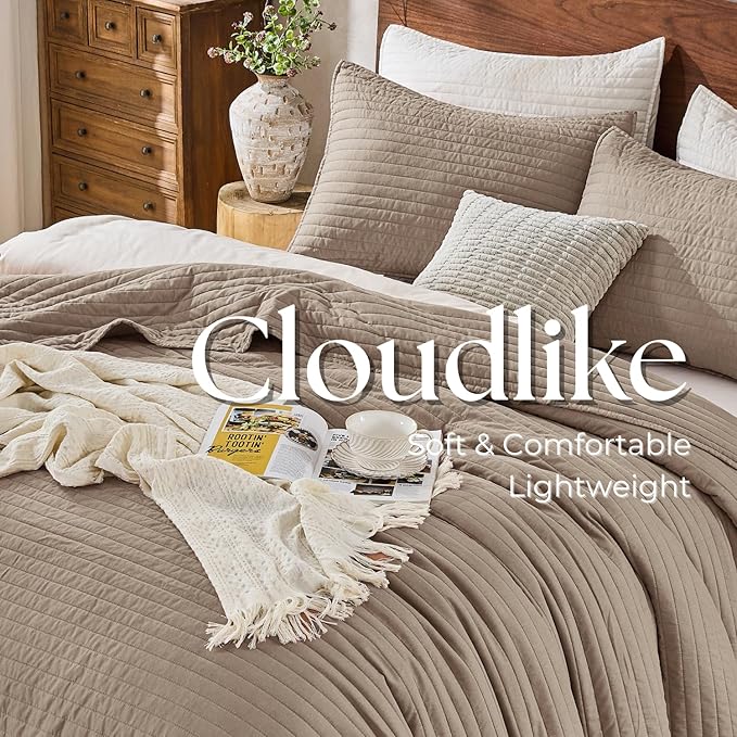 DOWN HOME Queen Quilt Bedding Set with Shams, Vintage Washed Soft Quilted Blanket Thin Comforter Lightweight Bedspread Coverlet Bed Cover, Brushed Microfiber Stripe Stitching, Brown, 86"x90"