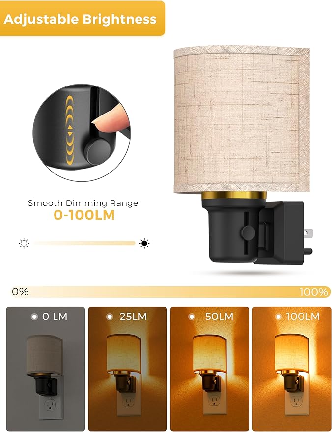 L LOHAS LED Amber Night Lights Plug into Wall, Plug in Night Light Dimmable, Farmhouse Decorative Nightlights Plug in Wall, Light Sensor, Linen Fabric Yellow Nightlight for Bedroom Hallway, 2 Pack