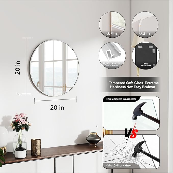 20" Round Mirror Circle Wall Mounted Hanging or Against Wall Metal Frame Dressing Make-up Mirrors for Entryway Bedroom Bathroom Living Room 20 inch Silver