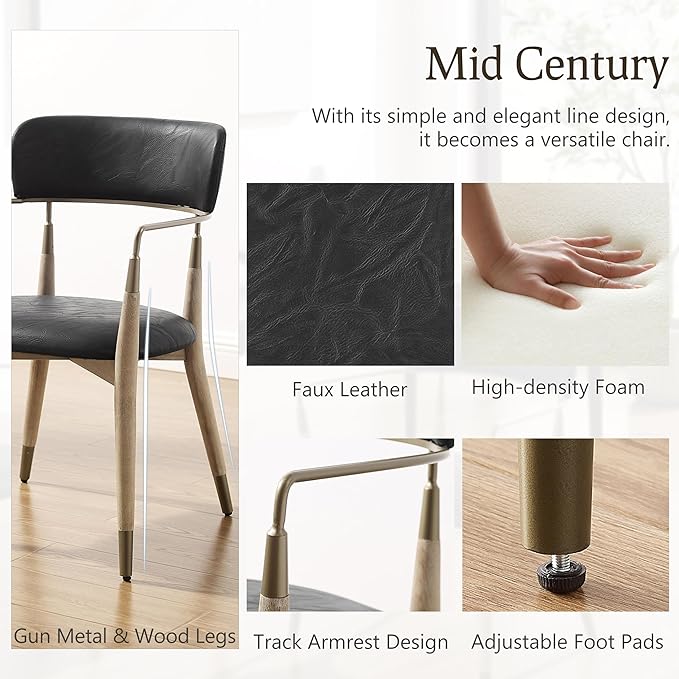 Art Leon Dining Chairs Set of 4 - Mid Century Modern Dining Room Chairs, Faux Leather Upholstered Accent Arm Chair with Open Backrest, Wishbone Chair with Wood Legs, Black, CC084