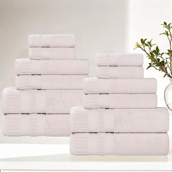 Superior Venice Zero Twist Cotton Medium Weight Towels, for Guest Bath, Bathroom, Shower, Spa, Plush Towels, Bath Essentials, Ribbed Textured Border, 12 Piece Assorted Towel Set, Silver
