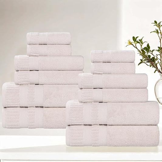 Superior Venice Zero Twist Cotton Medium Weight Towels, for Guest Bath, Bathroom, Shower, Spa, Plush Towels, Bath Essentials, Ribbed Textured Border, 12 Piece Assorted Towel Set, Silver