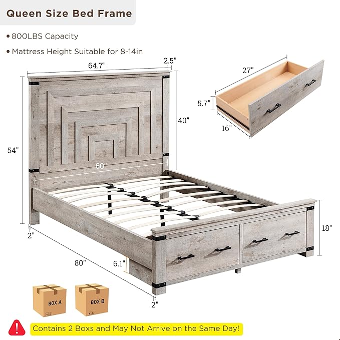 RedLemon Farmhouse Queen Size Bed Frame w/ 54" Tall Geometric Headboard, Rustic Wood Platform Bed w/ 2 Large Storage Drawers, Wood Slats Support, Noise Free, No Box Spring Needed, Light Rustic Oak