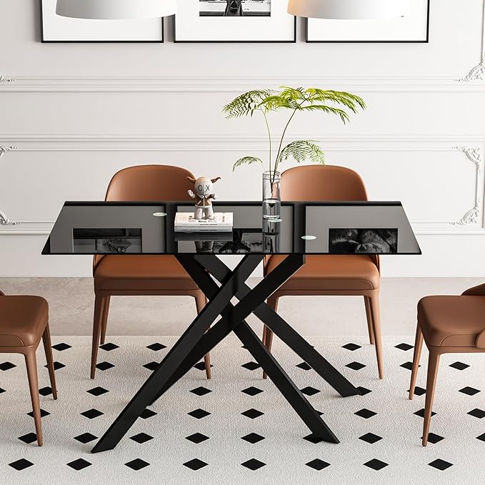 HomVent 51.18" Rectangular Black Glass Dining Table,Stylish Design with Black Metal Legs, Dining Table for Dining Room