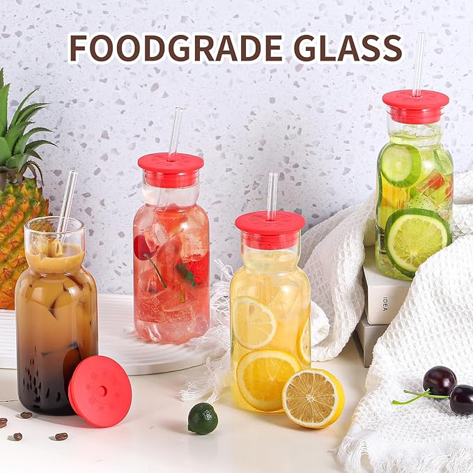 17 oz Glass Cups with Lid and Straw, Glass Tumbler with Straw and Lid, Vintage Glassware for Whiskey Cocktail Beer Juice, Iced Coffee Cups with Lid (2 PACK)