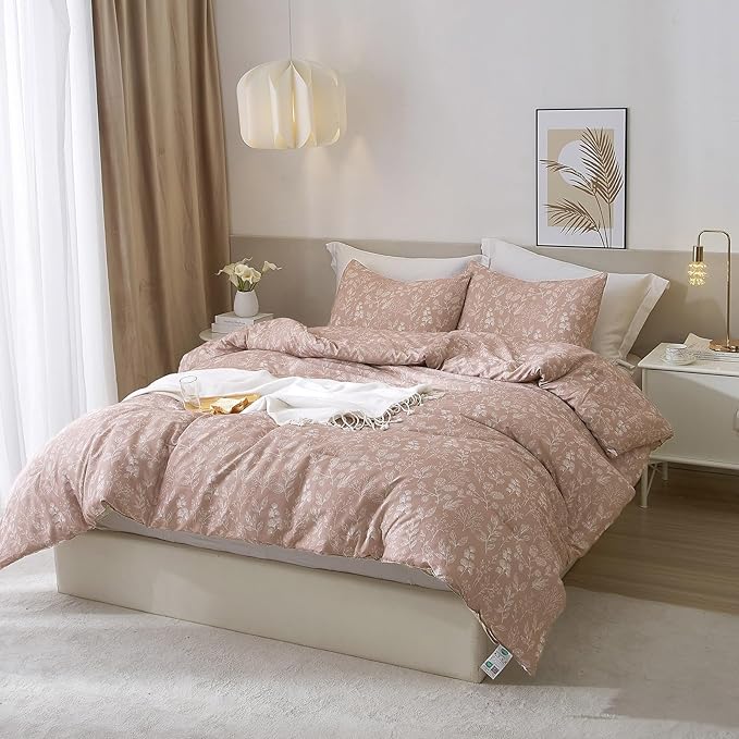 EAVD Vintage Garden Floral Comforter Set King Grayish Pinkish Soft Microfiber Chic Cute Floral Bedding Comforter and 2 Pillowcases Fresh Reversible Botanical Comforter Set for All-Season