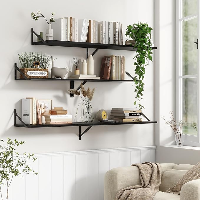 12 Inch Deep Floating Shelves, 30W x 12D Wall Shelves with Brackets, Black Floating Shelves 30 Inch Long, Rustic Wood Wall Shelf, Wide Storage Display Shelf for Kitchek, Living Room, Bathroom